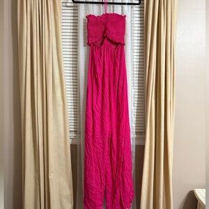 PinkBlush Fuchsia Smocked Drawstring Halter Side Cutout Maternity Jumpsuit